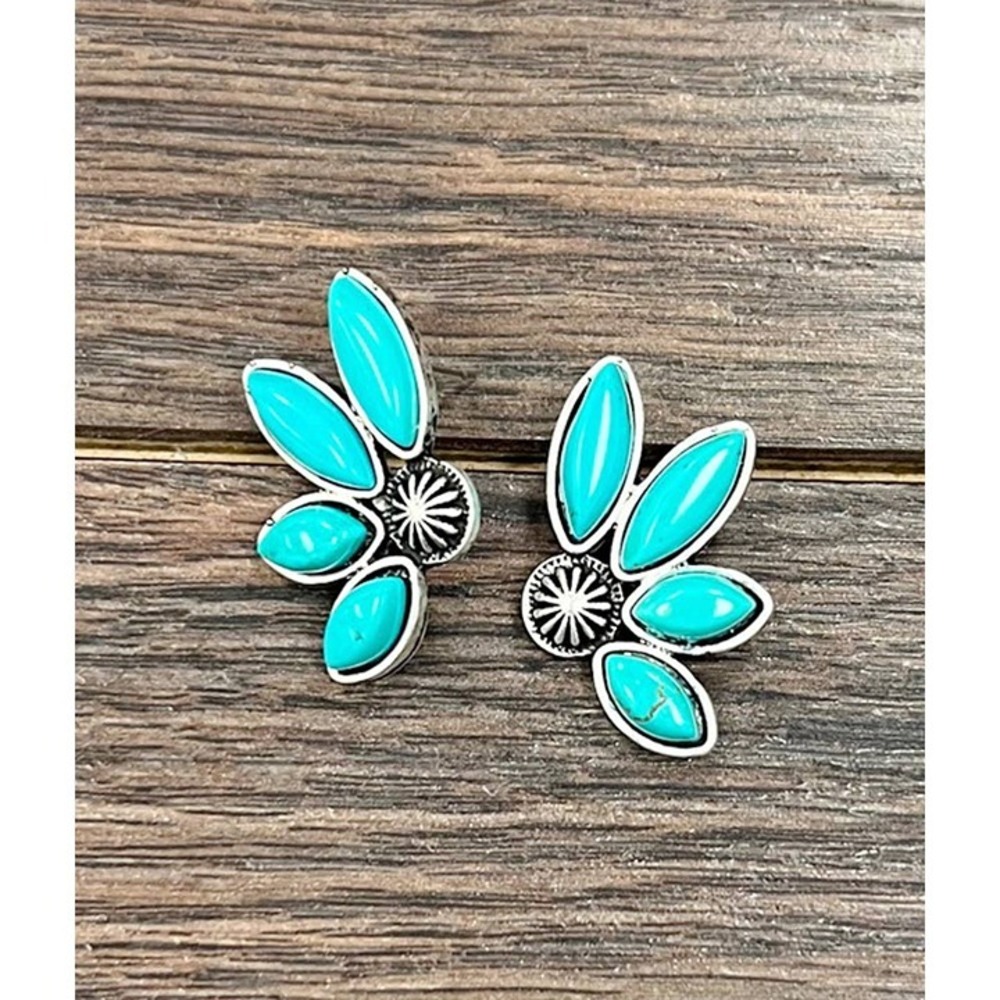 Turquoise Cluster Stud Earrings Western Boho Silver Tone Cowgirl Rodeo Jewelry